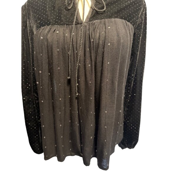 2/$30 Zara Black M Velvet  Sheer Long Sleeve Embellished Blouse Neck Tie - Picture 10 of 13